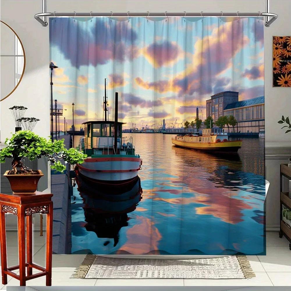 

1Pc Coastal Sunset Shower Curtain With Serene Boats & Tranquil Waters Design - 70.8X70.8 Inch Polyester Fabric Bathroom Decor W60H190(CM)-1 Pcs