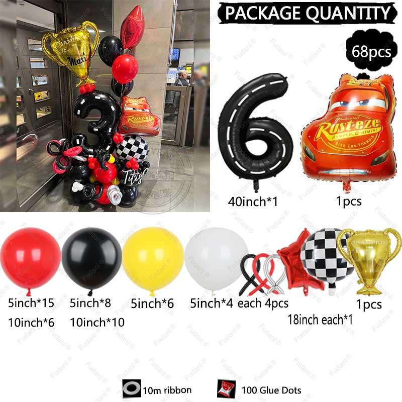 68PCS Cartoon Cars Series Lightning McQueen Red Yellow Black Latex Balloon Set 40inch Number Foil Ball Boy Birthday Party Favors