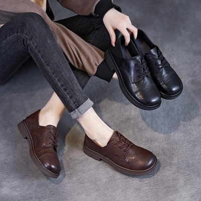 Genuine Leather Women's Shoes British Style Round Toe Lace Up Low Heel Pumps