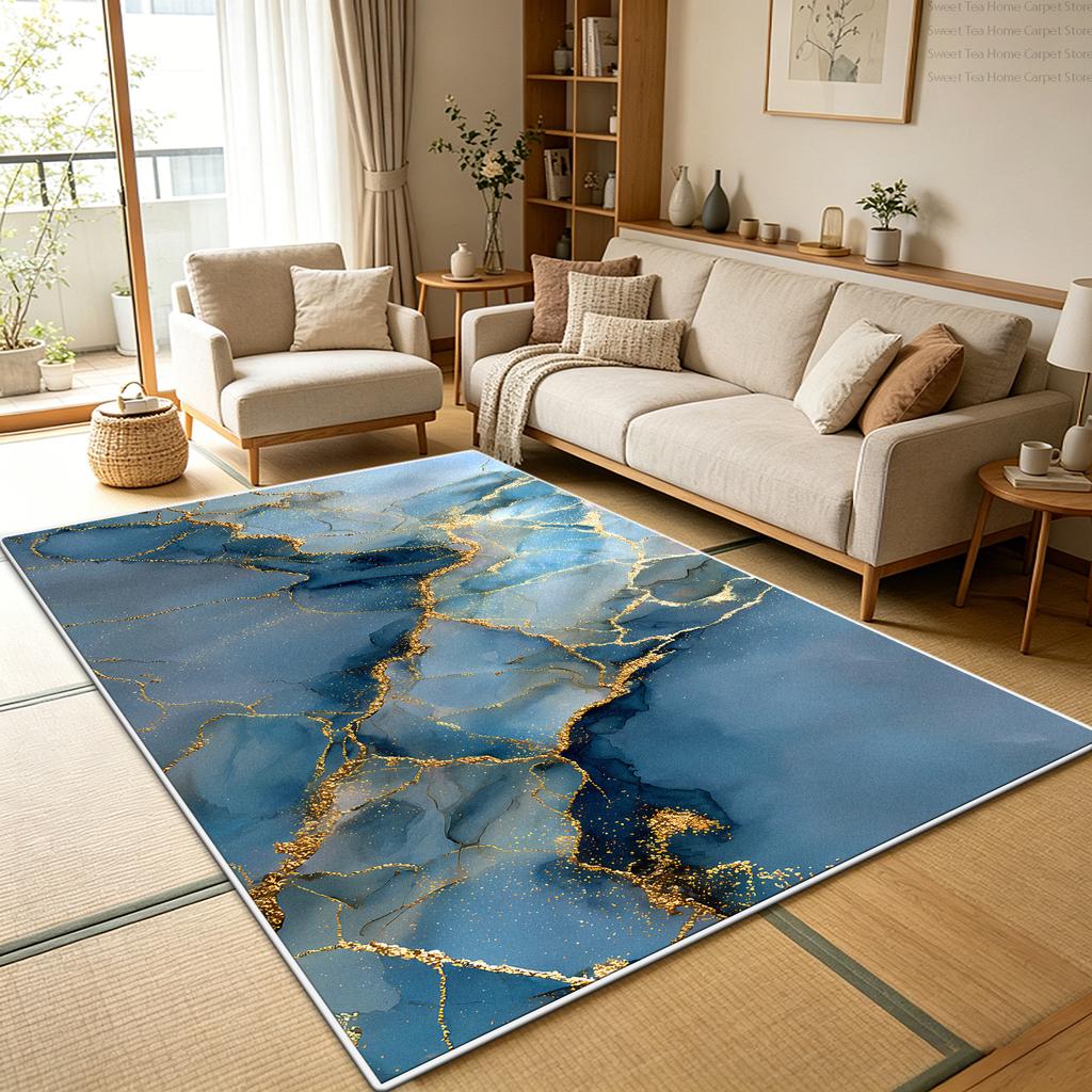 Luxury Blue Gold Marble Living Room Sofa Rug Decoration Bedroom Washable Soft Fluffy Floor Mats Kitchen Non-slip Large Carpet