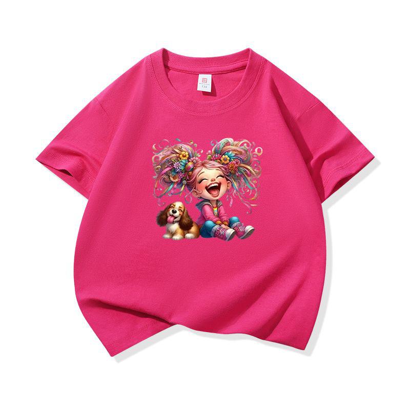 Kids Cotton T Shirt Rainbow Hair Laughing Girl Sitting With Puppy Print Crew Neck Short Sleeve Tee Casual Boys Girls Summer Tops