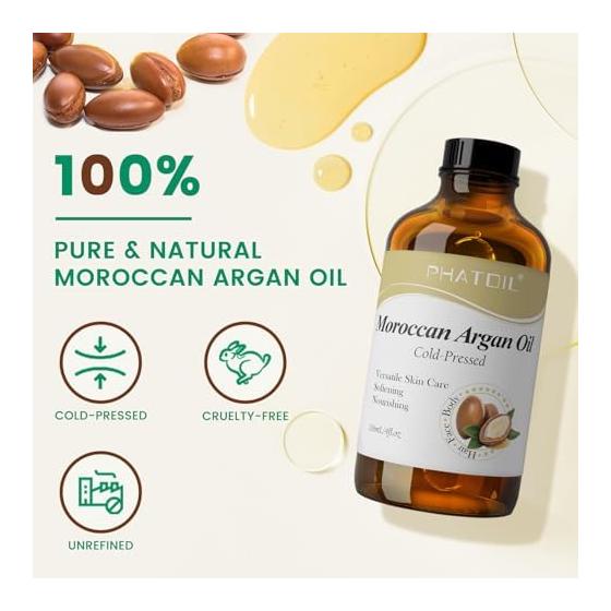 PHATOIL Argan Oil 118ml 100% Natural Cold Pressure Massage Oil for Hair, Face and Body Moisturizing Body Oil Carrier Oil Unscented