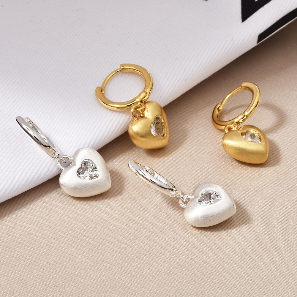 2026 French Style Brushed Heart Huggie Earrings - Matte Gold Silver Zircon Inlaid Heart Drop Earrings for Women Niche Design Jewelry