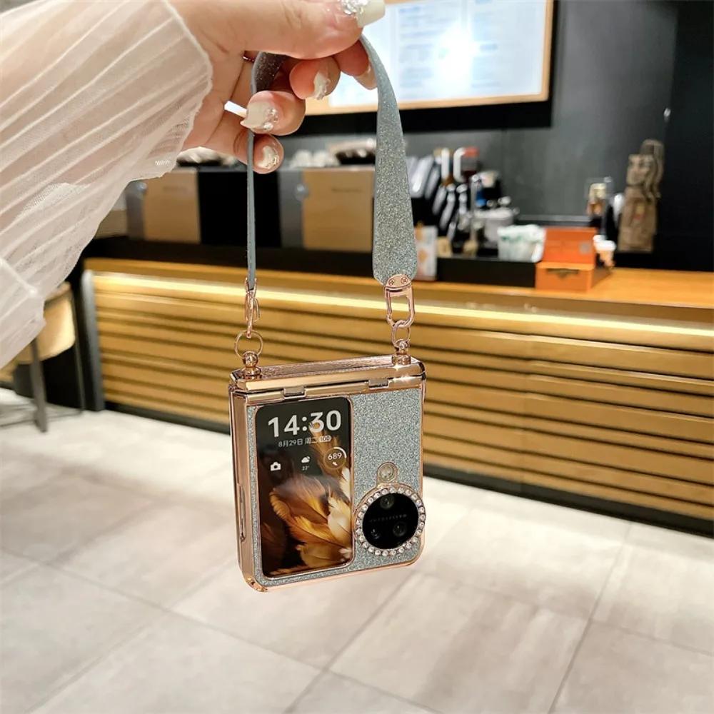 Luksusowy Elektroplaterowany Brokatowy Błyszczący Pasek na Nadgarstek do Etui OPPO Find N3 N2 Flip Składane Wstrząsoodporne Ochronne Twarde Plecki Pełna Ochrona