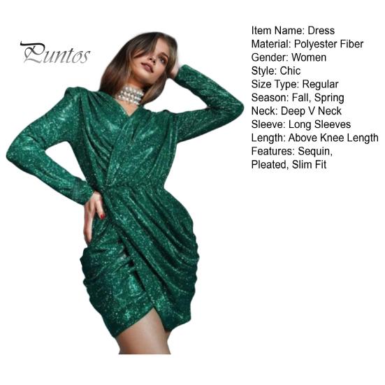 Lady Club Dress Deep V Neck Pleated Sequin Long Sleeve Irregular Hem Baggy Dress Celebrity Banquet Prom Cocktail Party Mini Dress