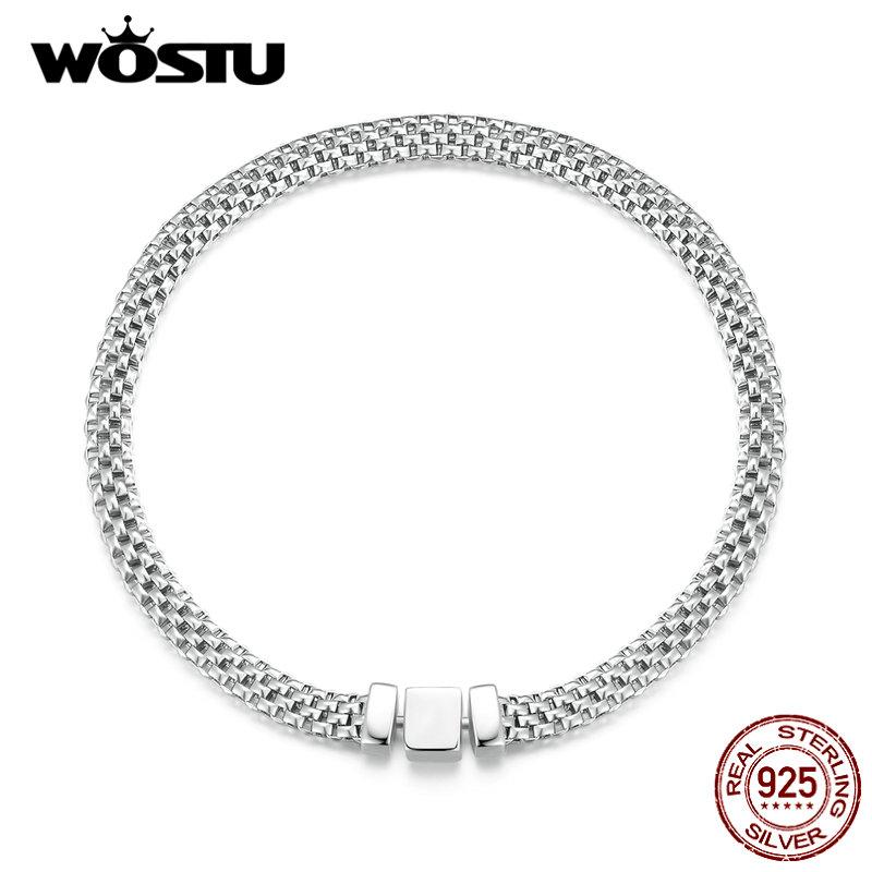 WOSTU Braccialetti in Argento 925 a Maglia Intrecciata Semplice Europea per Donna Catena alla Moda Gioielli da Polso Lussuosi Regalo di Matrimonio B124