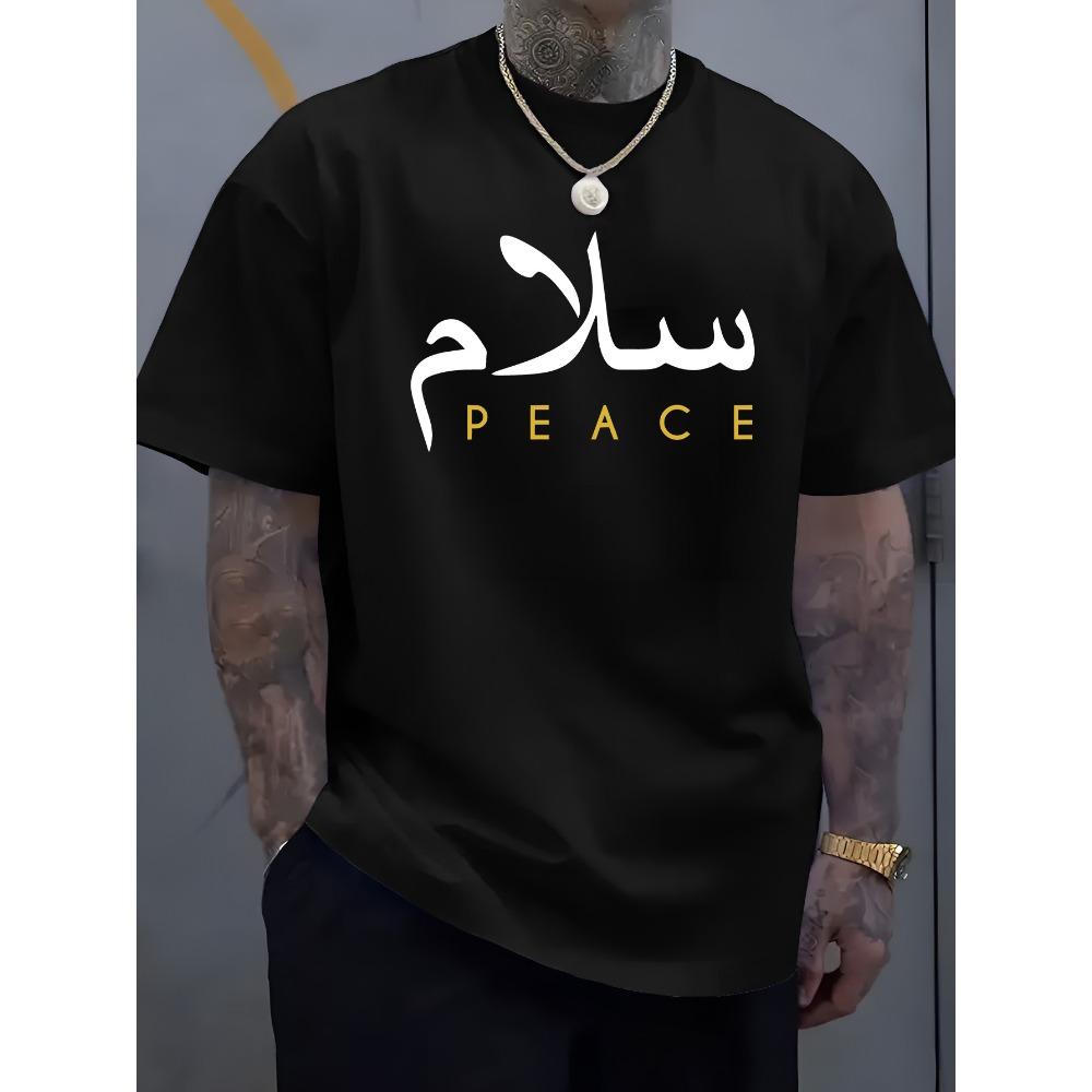 

European sizes Summer New Fashion Minimalist Arabic Peace Print Round Neck T-Shirt 4XL
