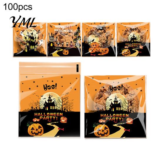 Small Plastic Bags for Treats 100 Pcs Halloween Treat Bags, Self Adhesive Seal Clear Candy Dessert Cute Cartoon Pouches Cookie Trick or Party