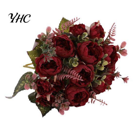 Artificial Hydrangea Roses Simulation Flower High Ornamental Realistic Bouquet 9 Peony Flowers Heads for Wedding