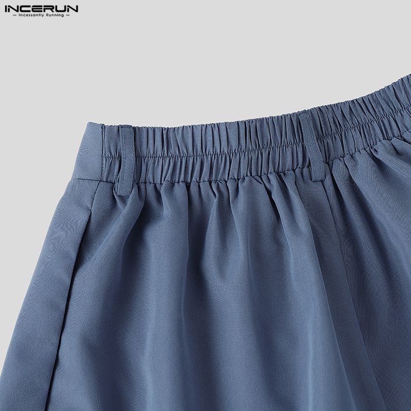 INCERUN Men High Waist Back Elastic Pockets Casual Long Wide Legs Trousers Pants