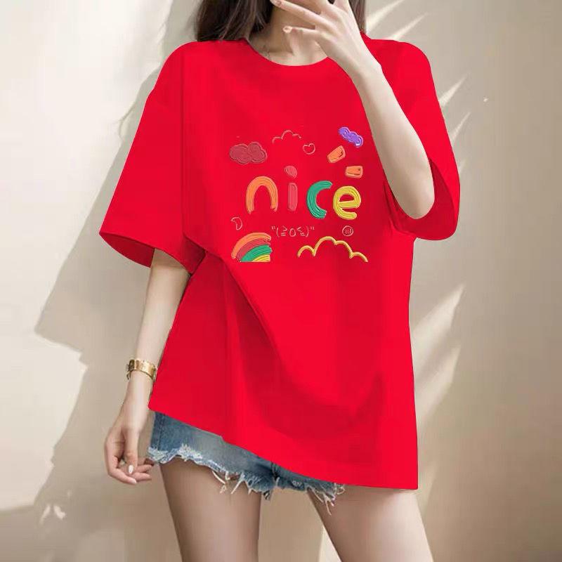 Women s Clothing Chic Letter Print T-shirts Summer Casual Loose O-neck Short Sleeve Top Tee Elegant Sweet Pullovers S