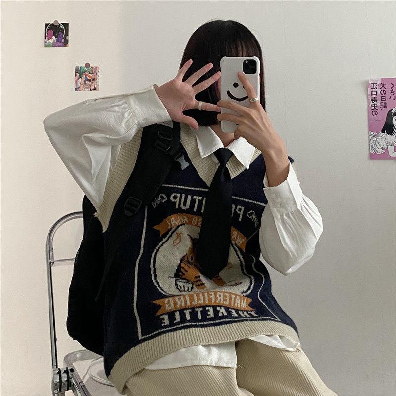 Sweater Vest Women Kawaii Cat Waistcoat Streetwear Knitting Chic Fashion College All-match Harajuku Y2k Vests