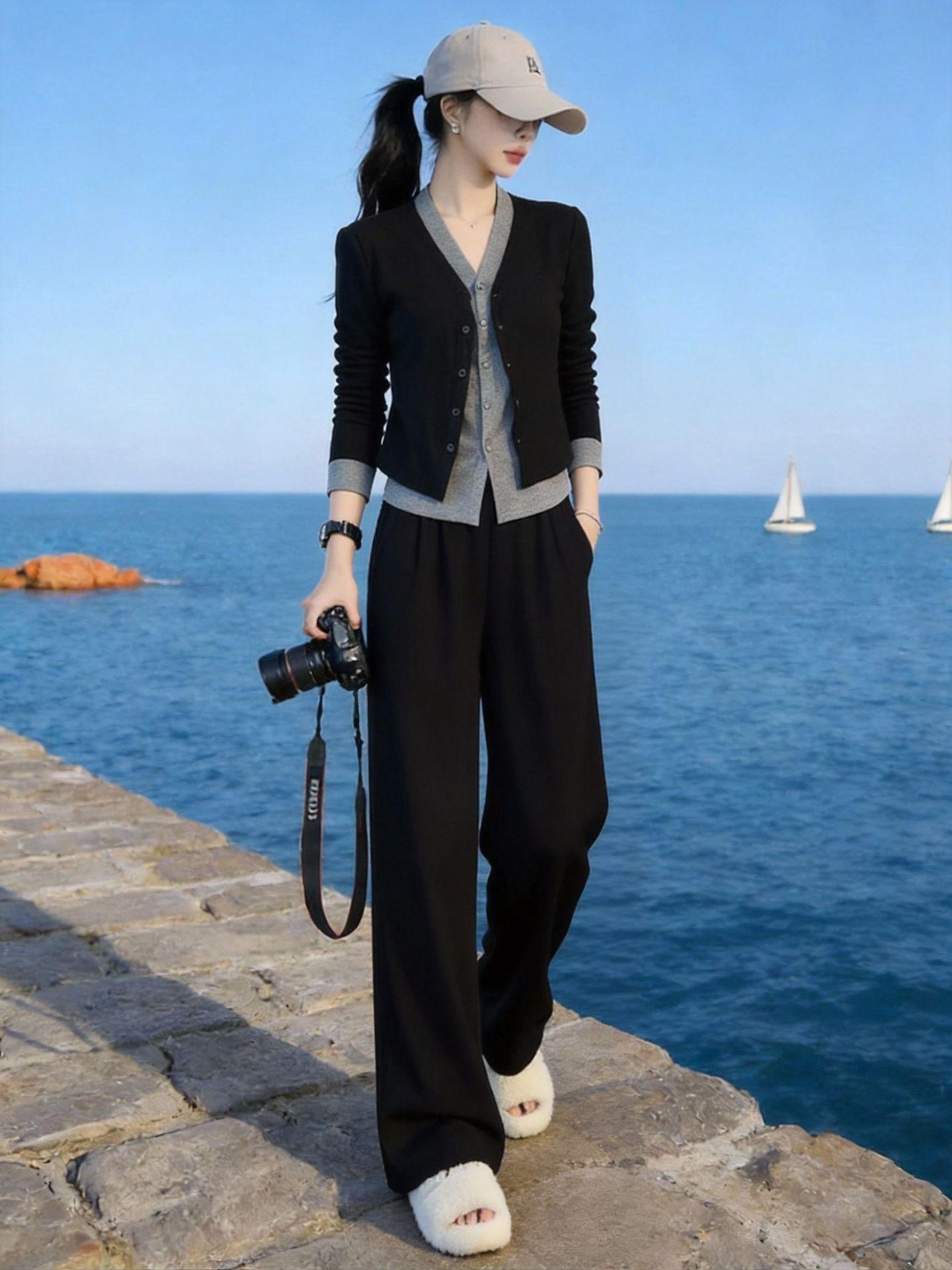 Chic Women s Slimming Color Block Two-Piece Suit - Spring/Autumn 2026 with Loose Wide-Leg Pants XL