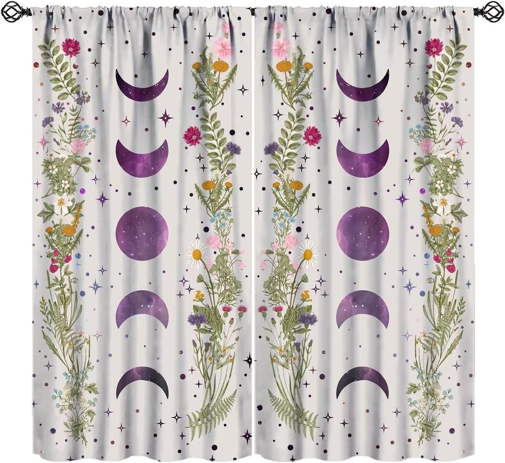 Sun Moon Curtains Bohemian Celestial Art Printed Blackout Window Drapes for Bedroom Living Room Kitchen Decor Fabric Set 2 Panel