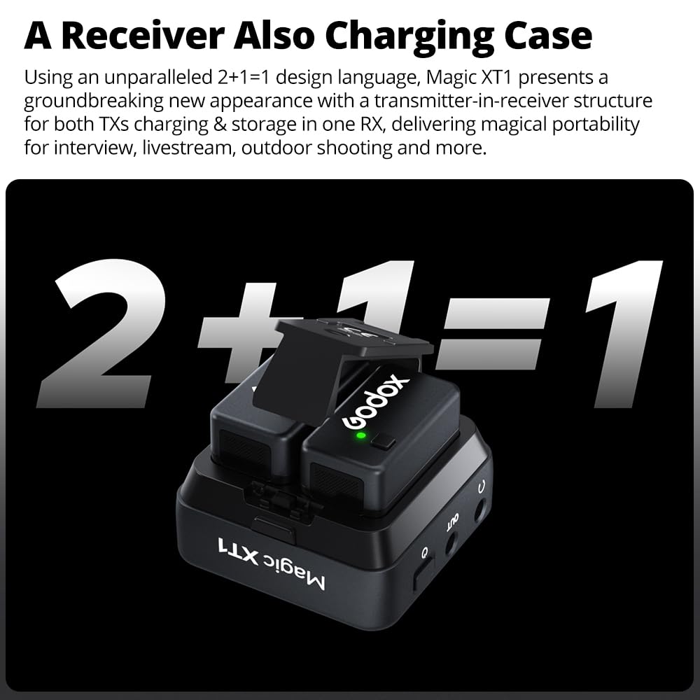 Godox Magic XT1 Wireless Lavalier Microphone for Cameras TX 1 RX with Charging Noise Touchscreen Mini Wireless Microphone (2 + Case), Cancelling, 16H,