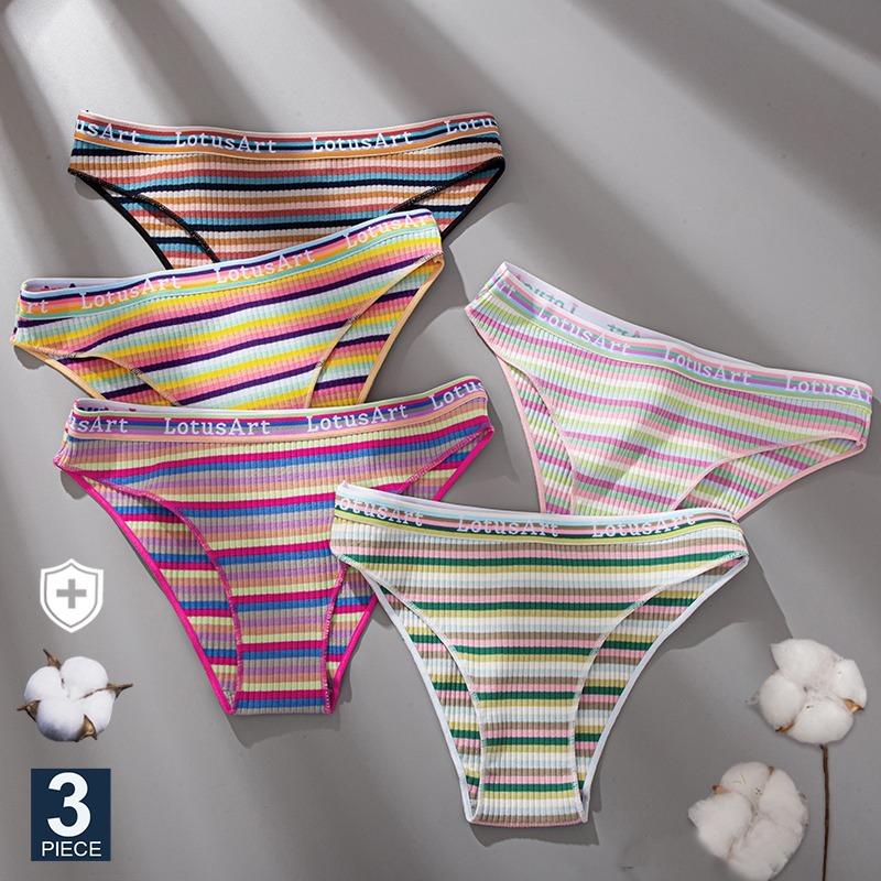 3PCS/Set Women Cotton Seamless Panties for Female Underwear Panty Sexy Colorful Striped Lingerie Letter Waist Brief