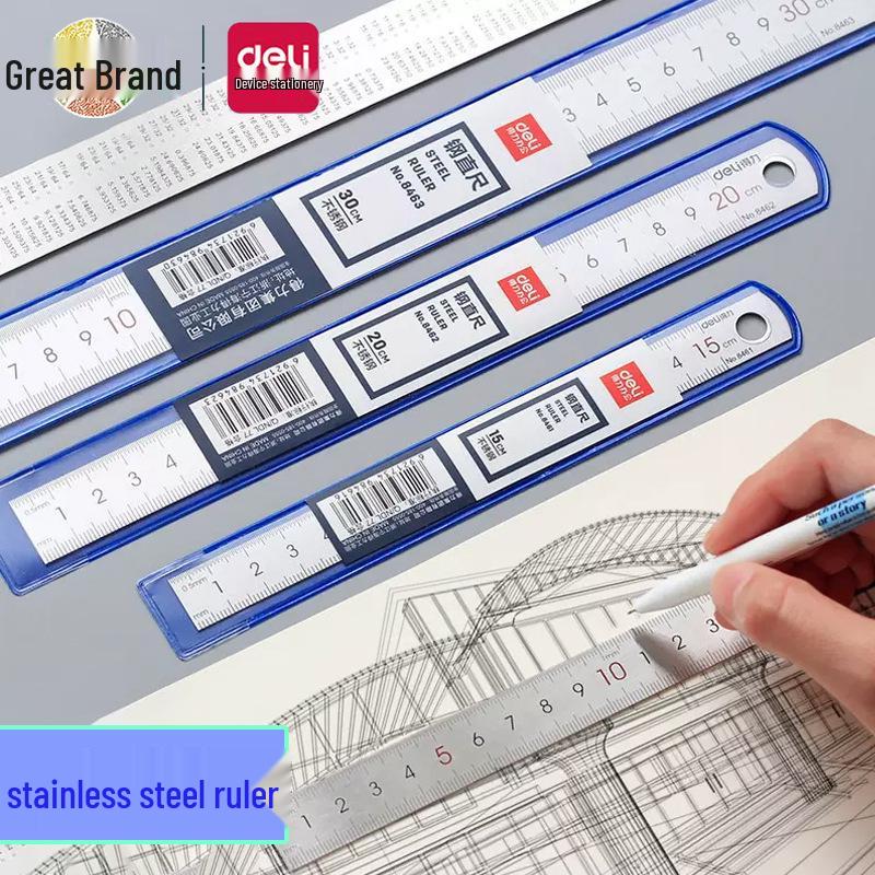 Deli Multi-functional Stainless Steel Ruler Set: 15cm, 20cm, 30cm - Perfect for Students & Engineering Projects 15cm