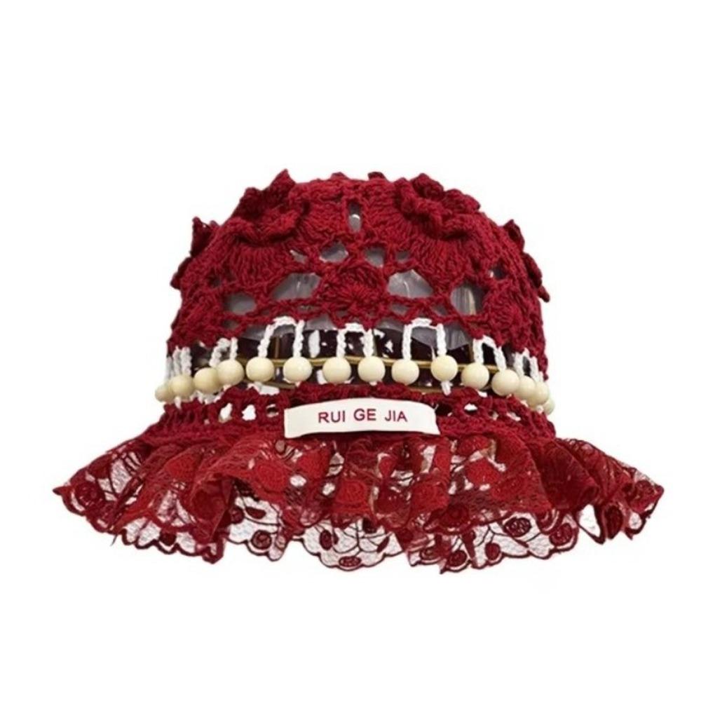 Handmade Crochet Bucket Hat Summer Weave Basin Caps Sweet Beads Knitted Hat  Girls