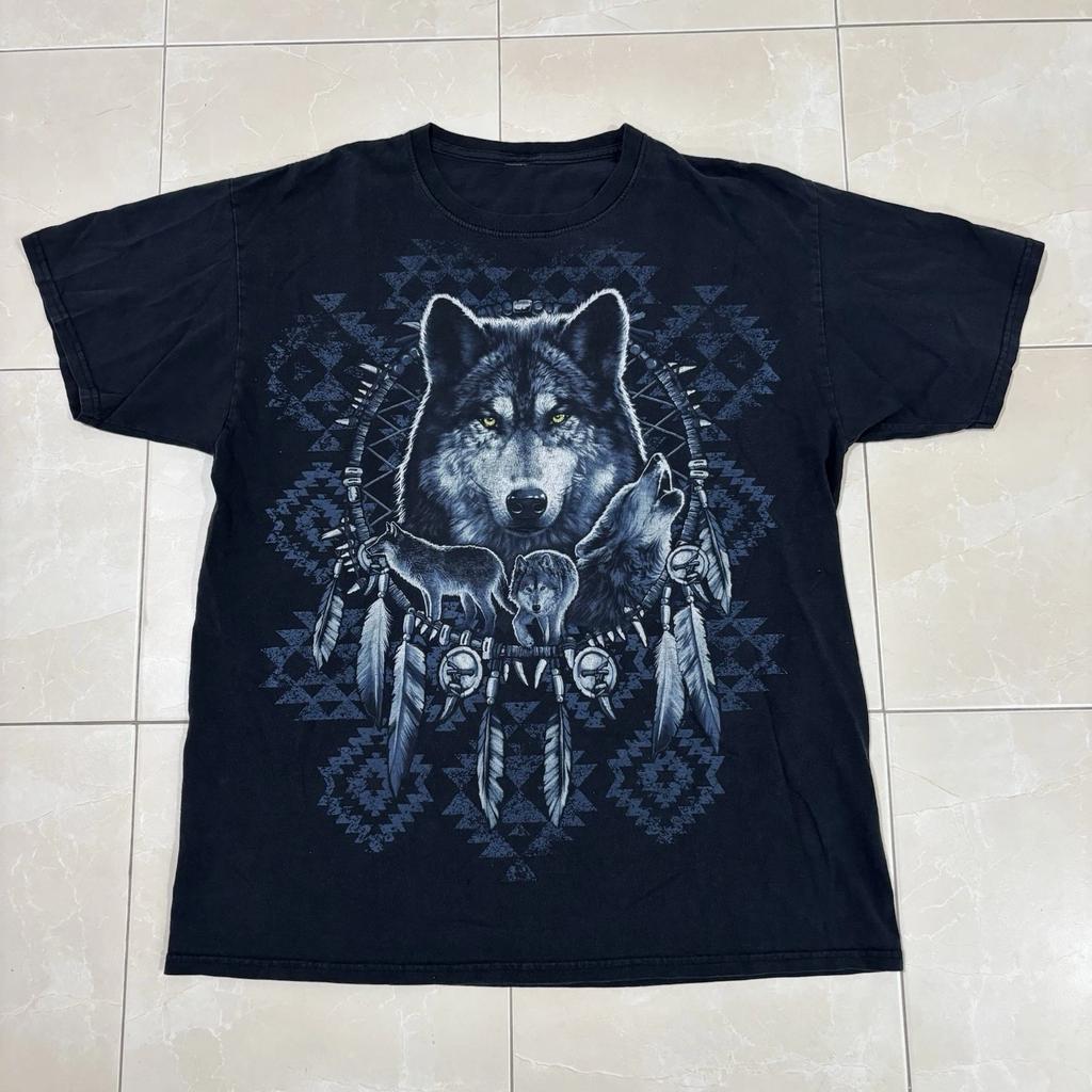 Vintage Y2K Wolf T Shirt Native American Blue Mens Large Animal Aztec Graphic