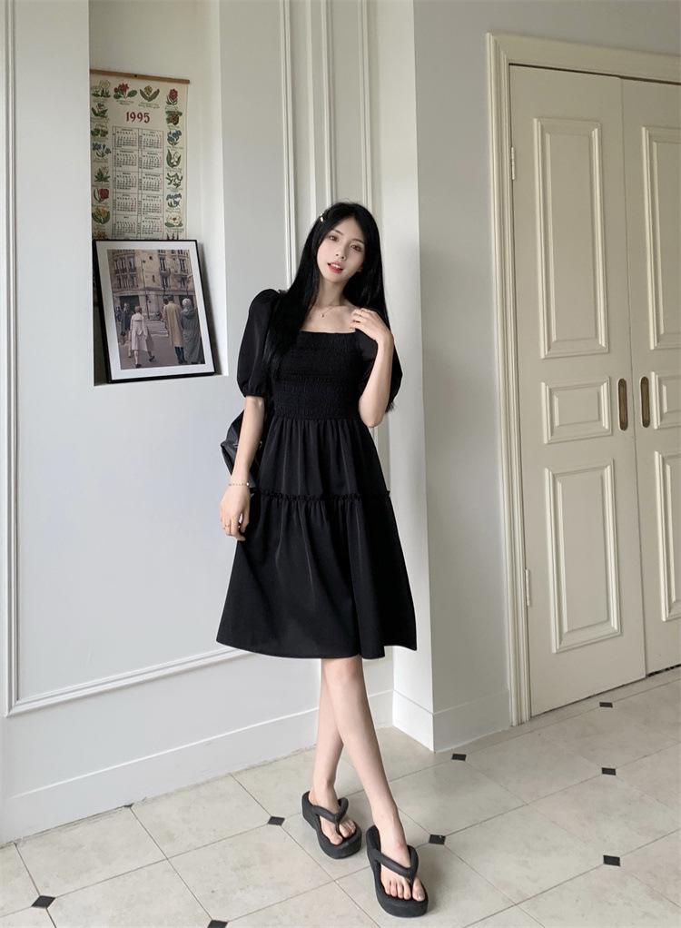 Plus Size French Bubble Sleeve Square Neck Summer Dress - Slimming Hepburn Style Little Black Dress