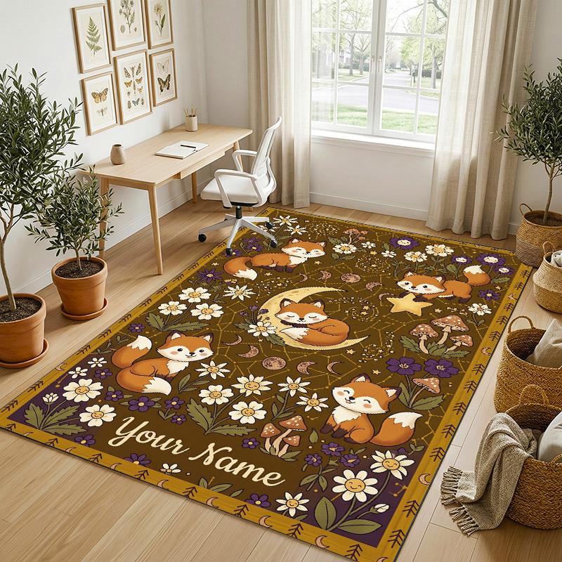 Foxes Moonlit Theme Soft Crystal Velvet Rug Custom Name & Text Print Non Slip Floor Rug for Bedroom Living Room