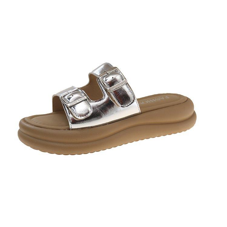 Thick-bottomed one-word slippers for women's summer wear 2025 new models with skirts French casual shit-stepping seaside beach sandals