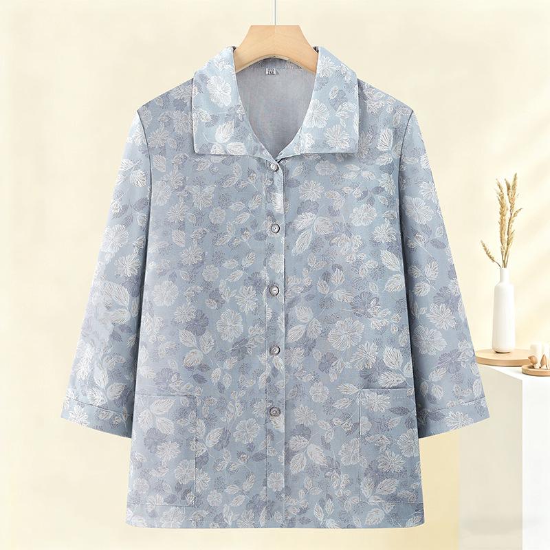 

Pure Cotton Seven-Sleeve Lapel Shirt for Middle-Aged & Elderly Women - Grandma s Summer Top 3XL (120-130 lbs) синий