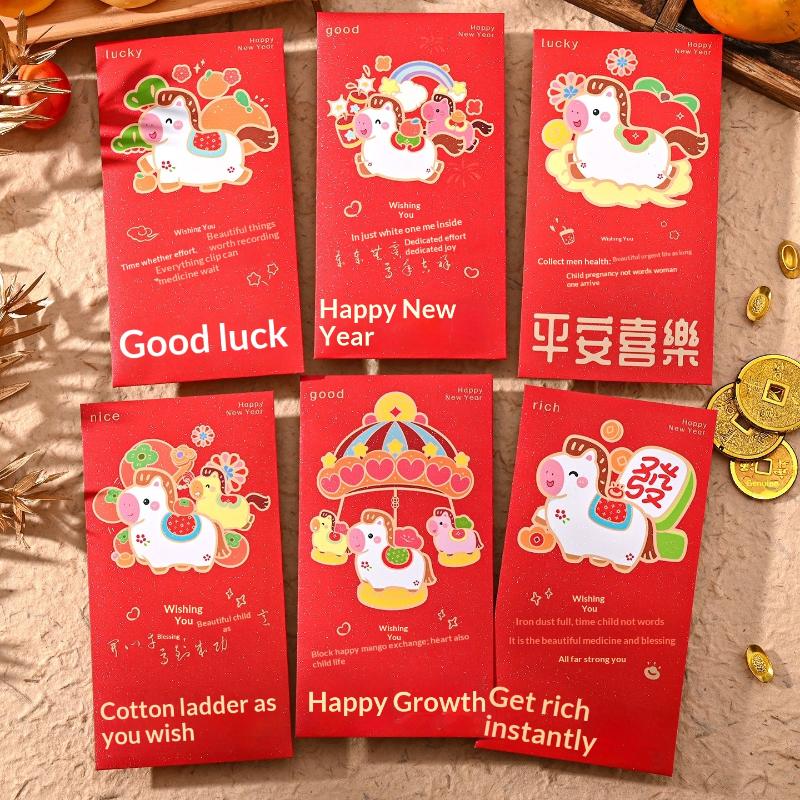 Traditional 2026 Horse Year Hongbao, Spring Festival Money Pouch, 6pcs Chinese New Year Red Lucky Packet