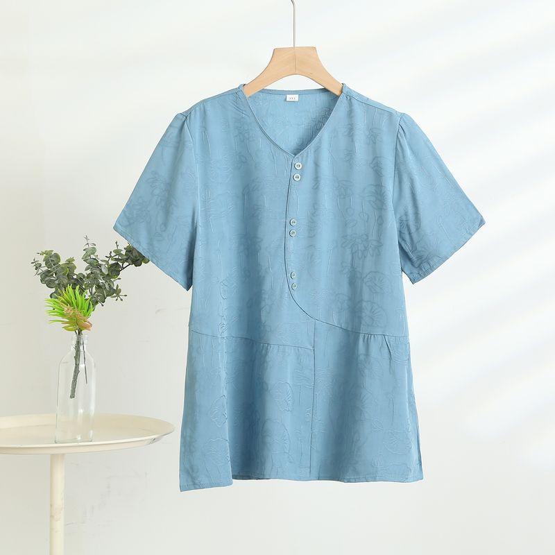 

Топы с V-образным вырезом и коротким рукавом из хлопка Женские летние тонкие топы для мам Свободная футболка больших размеров из искусственного хлопка с рукавом до локтя Повседневная футболка Water Blue 4XL