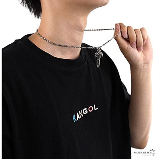 Silver 925 Sword Cross Crown Red Stone Azuki Chain Necklace Pendant Silver Silver Unique Men Metal Allergy Friendly [Silver KYASYA]