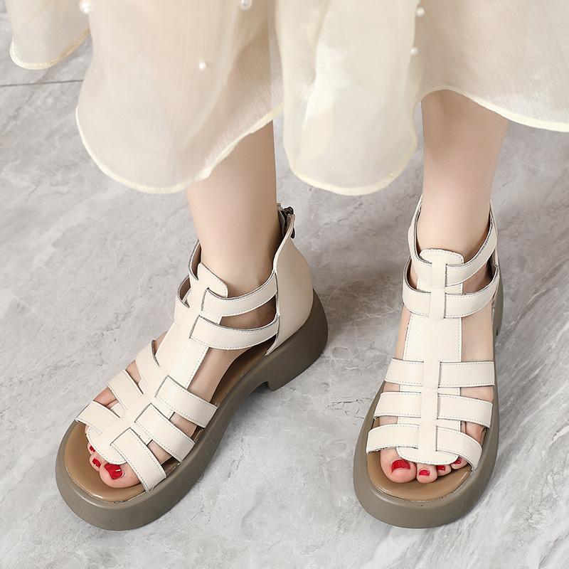 GKTINOO Women Gladiator Sandals 2025 Summer Vintage T-Strap Cover Heel Genuine Leather Flat Heels Casual Shoes Woman Back Zip 43