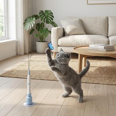 Long Rod Electric Cat Toy 360° Swivel Steel Wire Self-entertaining Toy with Suction Cup Butterfly Flying Toy Indoor Play