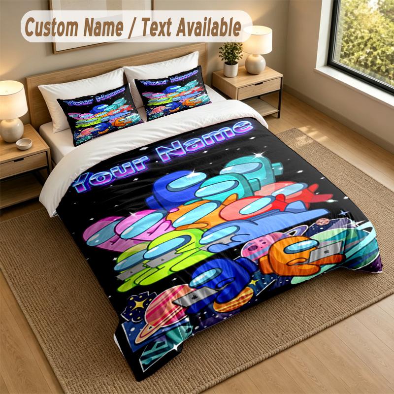 Custom Name Text Bedding 3Pcs Set,Among Us 1 Duvet Cover 2 Pillowcases Soft Bed Linen For Gift