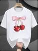 Casual Summer T-shirt - Crew Neck Short Sleeve Tee with Cherry Bow Print