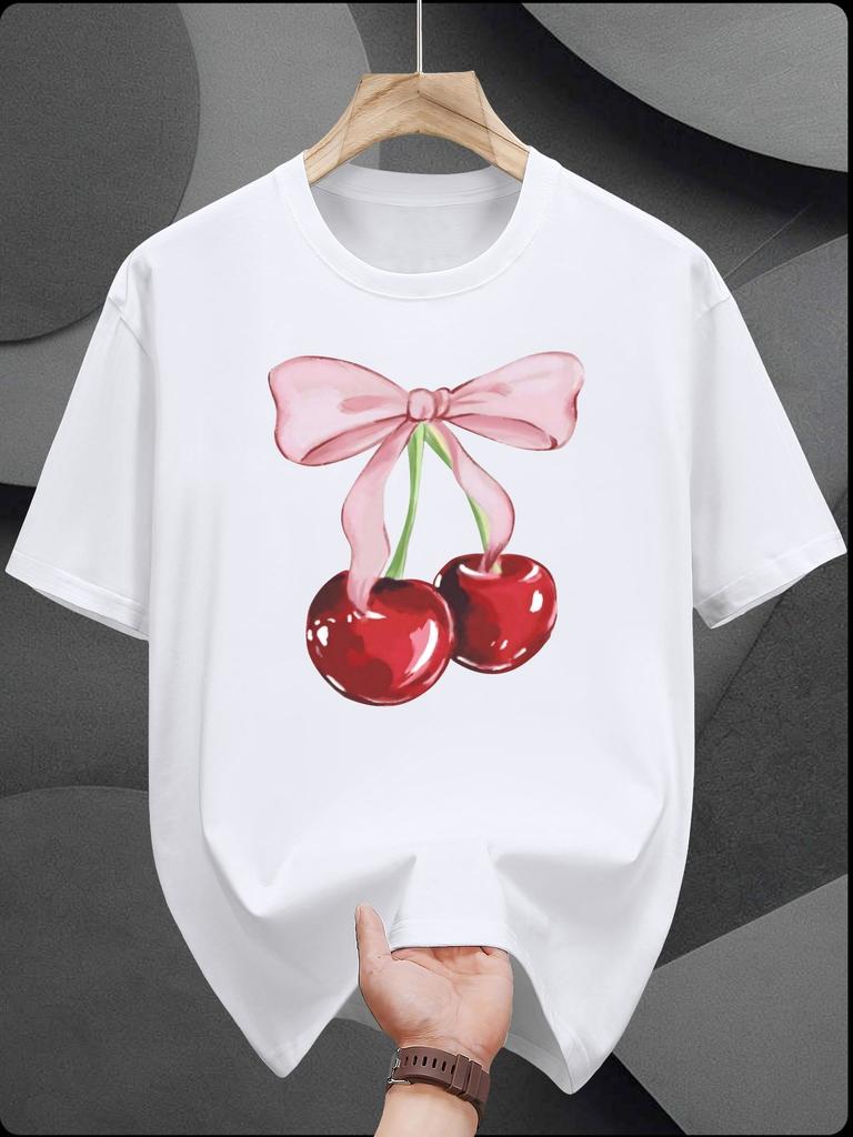 Casual Summer T-shirt - Crew Neck Short Sleeve Tee with Cherry Bow Print