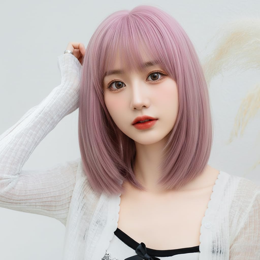 

ekienn Smoky Pink Short Bob Natural Full Slimming Cute Perfect for Everyday and Harajuku Popular Wig with Net Wig, Straight, Wig, Face, Wig, Cosplay,