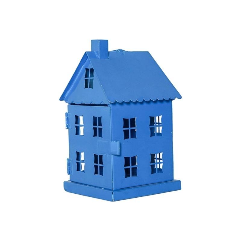Hollowout Ice House Metal Blue Tealight Holder Hanging Lanterns for Indoor Table Centerpieces Decoration