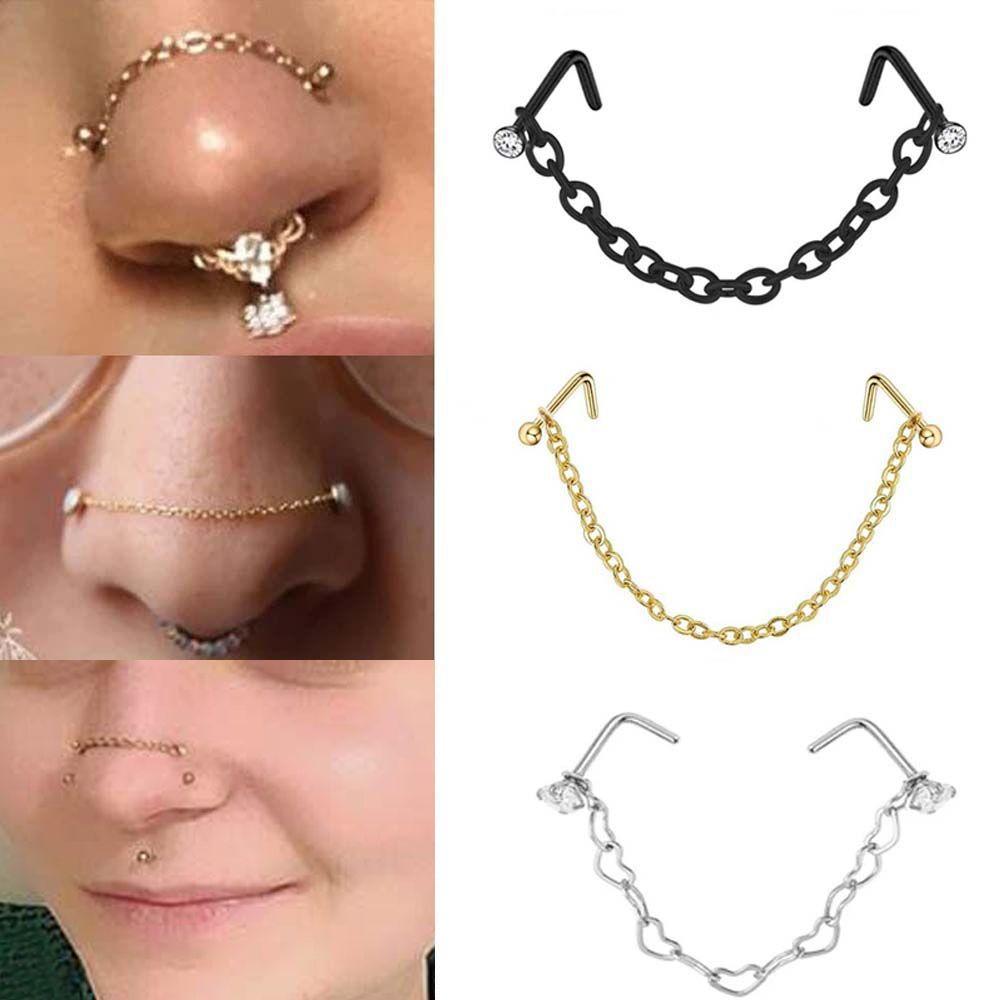 Steel Earrings Piercing Rhinestones Septum Rings Double Nose Chain Nose Piercing Ring Nose Stud
