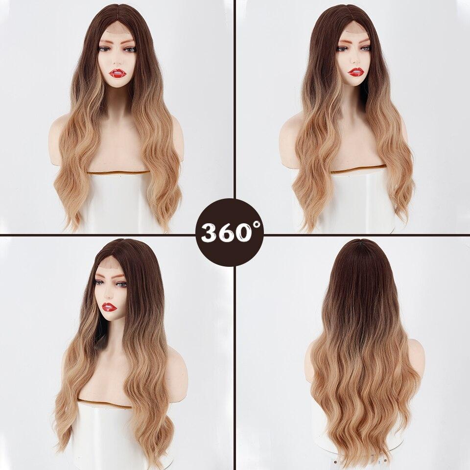 MISSQUEEN Lange gewellte Perücke, Ombre-Braun-Gold, synthetische Perücke, Cosplay, Mittelteil, natürliche hitzebeständige Perücke für Damen