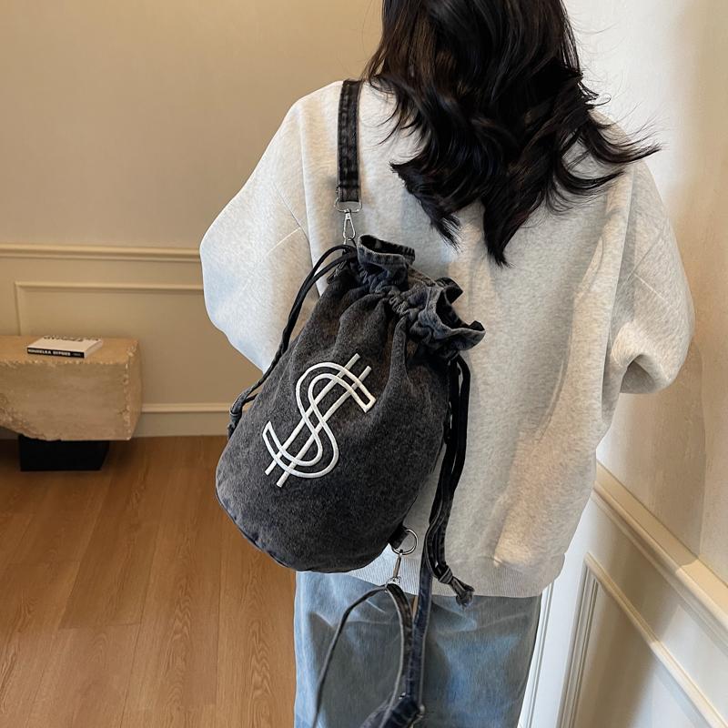 Embroidered Drawstring Bucket Bag Women's Denim Multi-Purpose Shoulder Bag