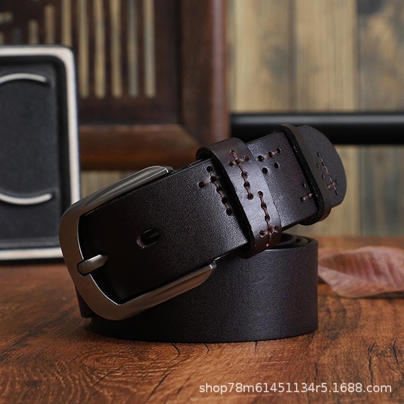The First Layer Of Pure Cowhide Belt Men'S Green Handmade Belt Leather Pin Buckle Simple Retro Denim