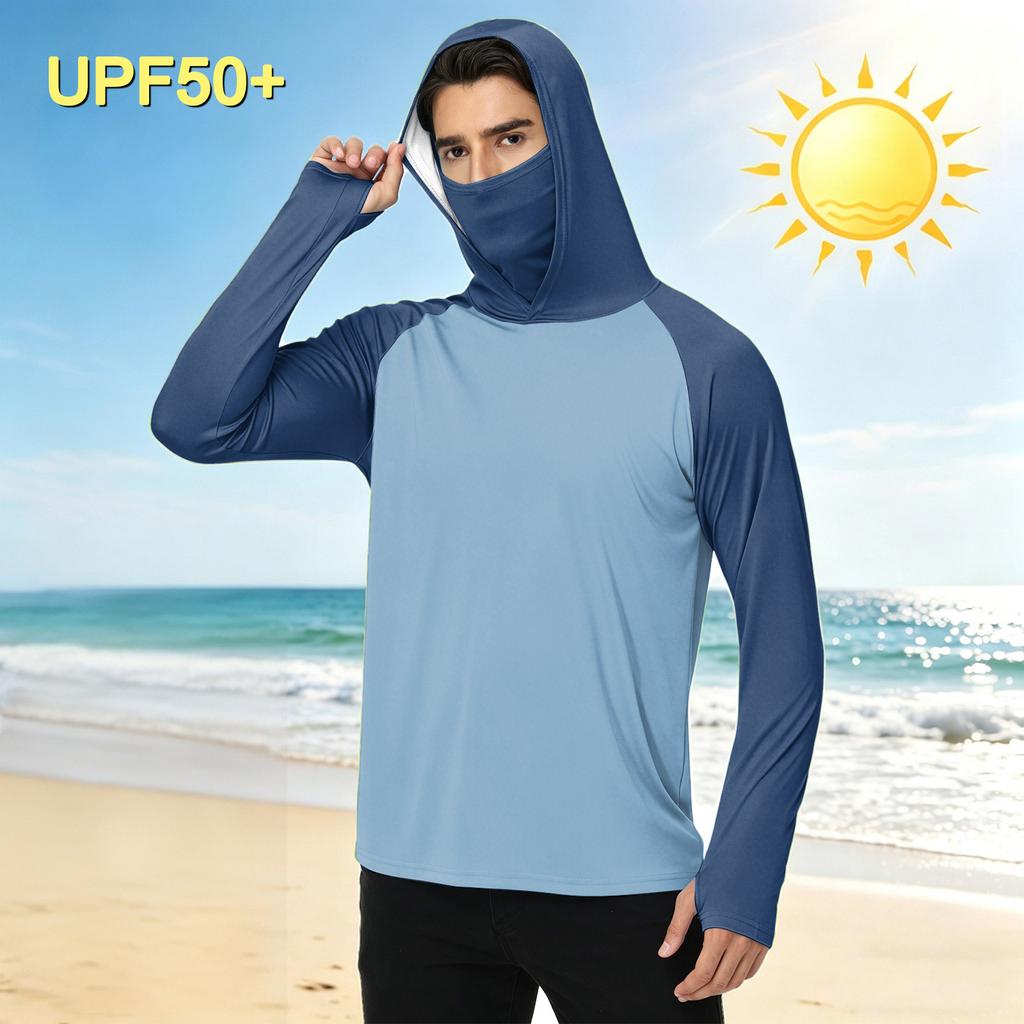 Herren Casual Outdoor Kapuzen Langarm Sonnenschutzhemd Leicht Atmungsaktiv Schnelltrocknend UV-Schutz Top für Sport Wandern