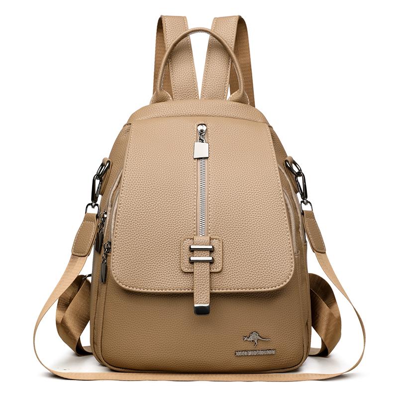 Women's Retro Solid Color Outdoor Backpack Soft Leather Large Capacity Backpack