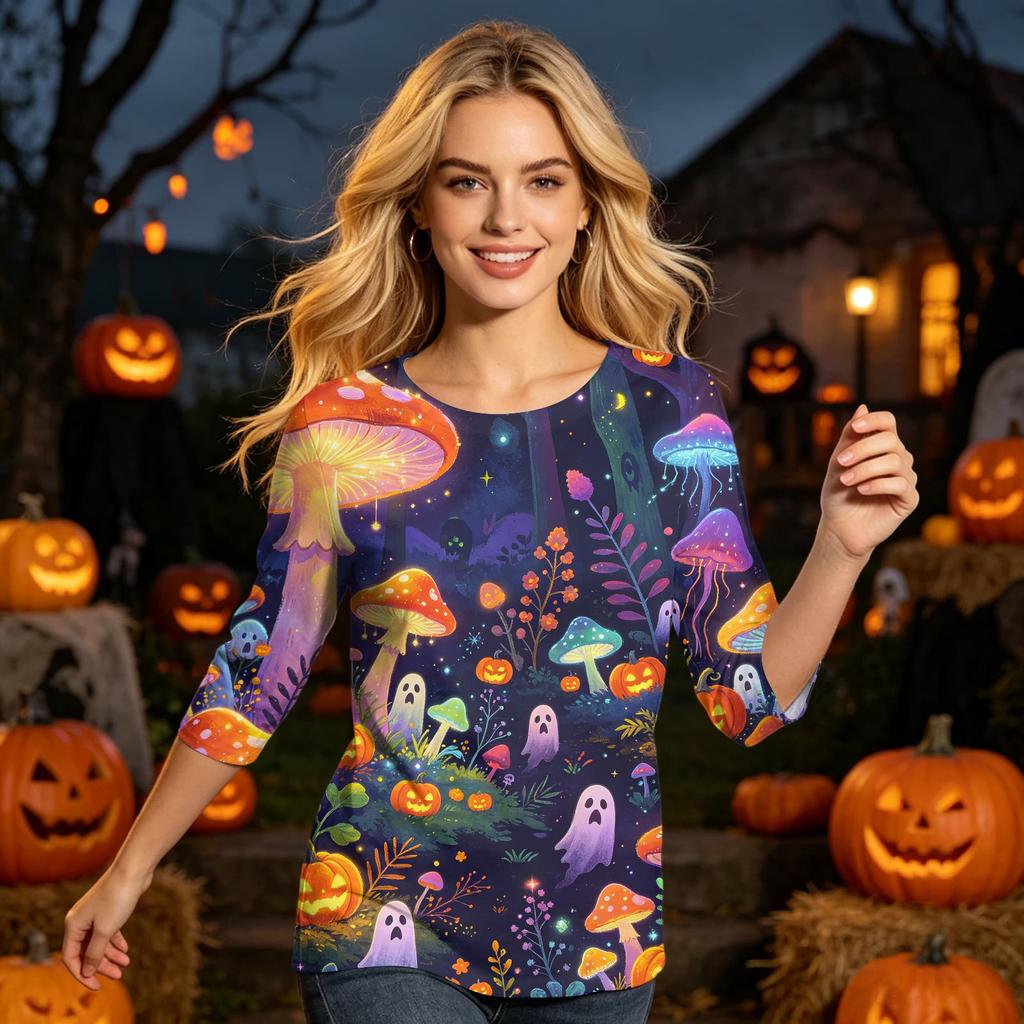 Women’s Casual Three Quarter Sleeve Crew Neck Top with Halloween and Pumpkin Print Loose Fit Comfortable Design