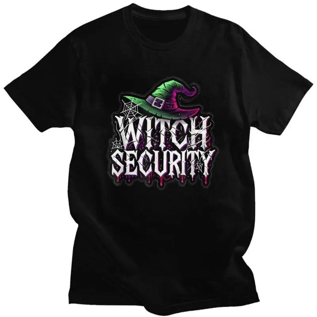 Custom Trendy Witch Security Halloween Joke T Shirt Men Short Sleeve Pure Cotton T-shirt Leisure Tee Tops Streetwear Tshirt