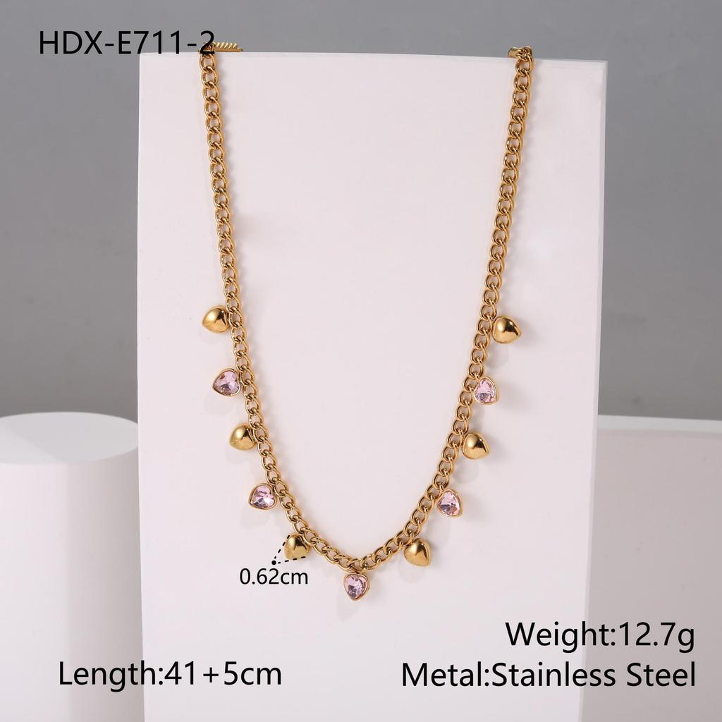18K Gold Plated Colorful Heart Rhinestone Necklace - European & American Trend, Stainless Steel, Women's Light Luxury Fashion Accessory.