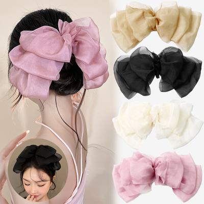 Bow Hairpin for  Cute Satin Fabric Hair Clip  Chiffon Ponytail Oversized Multilayer Hairpin Hair Accessories