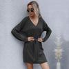 YYFS Women's Fashion Autumn Winter Solid Color Print Long Sleeve V-Neck Knitted Casual Dresses