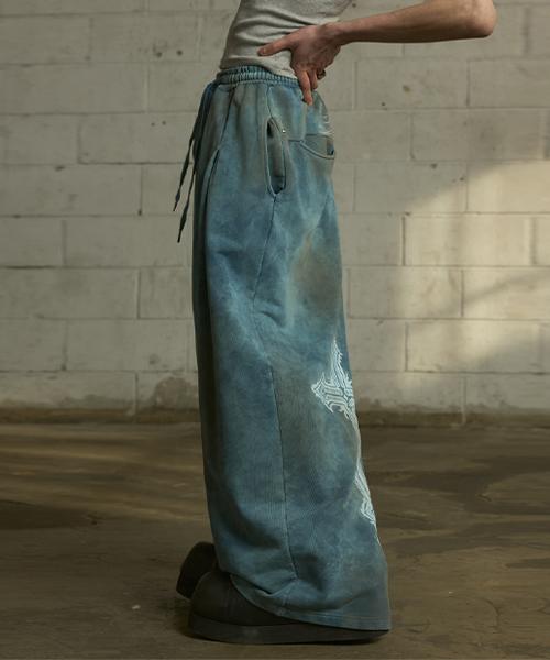 LANARCHIVE [0113] Vintage Washed Wide Sweatpants - Dusty Teal