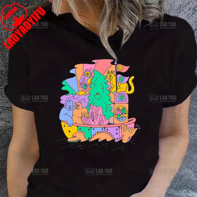 

Clothes for Women Summer Fashion Art Design Illustration Printed Tshirt Colorful Cartoon Creative Streetwear Unisex Shortsleev 3XL